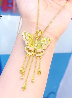 金店同款越南沙金999珍珠流苏蝴蝶吊坠新中式气质女项链锁骨链