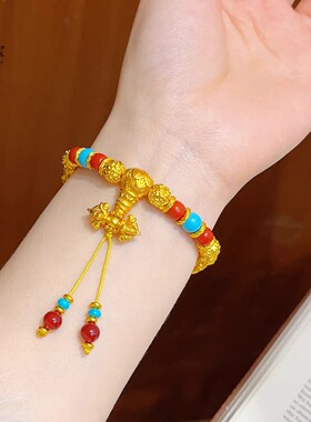 古法越南沙金核桃珠莲花三通红玛瑙流苏手链金刚杵佛珠手链仿真金