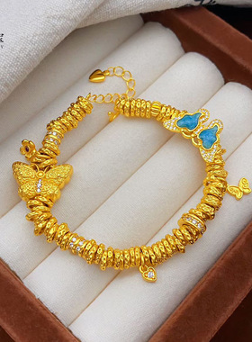 越南沙金999点钻蓝色鎏彩双蝶盘缠手链錾刻福蝶设计款手串国风女