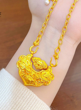 金店同款沙金如意双鱼锦鲤锁包吊坠项链女双勾毛衣链麦穗礼物