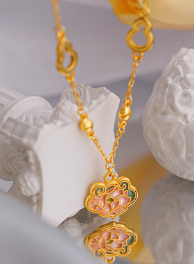 新中式古法金国潮国色牡丹烧蓝项链 沙金葫芦牡丹花平安锁套链女