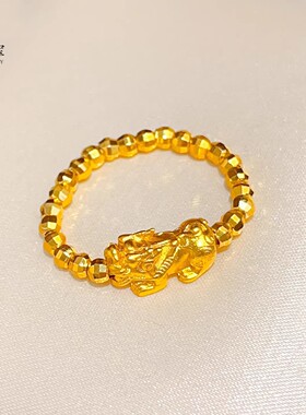 新中式古法越南沙金錾刻小貔貅蹦迪珠戒指吞金兽珠指环国风仿真金