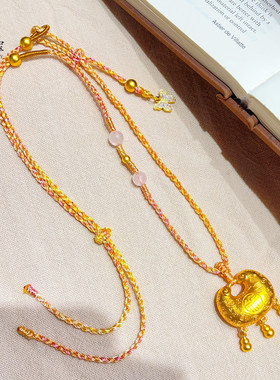 金店款越南沙金999百福葫芦铃铛锁蝴蝶粉绳项链国风编织毛衣链女