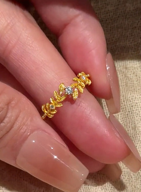 金店款越南沙金月桂叶点钻麦穗戒指女 2026小众气质简约沙金指环