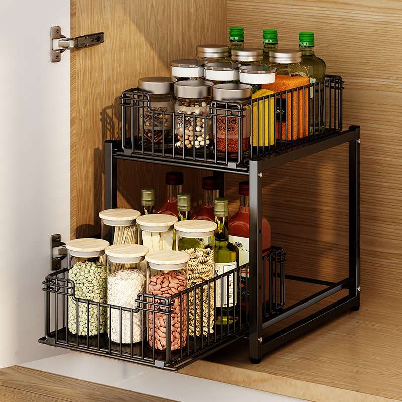 厨房抽拉收纳储物下水槽调料瓶分层收纳储物架推拉抽屉浴室整理架 - 图1