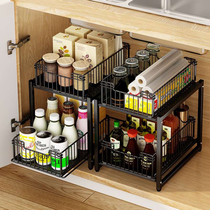 厨房抽拉收纳储物下水槽调料瓶分层收纳储物架推拉抽屉浴室整理架 - 图0