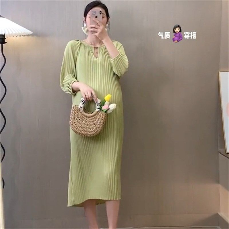 孕妇连衣裙夏季新款时尚圆领百褶纯色裙宽松显遮肚2023年韩版女潮,淘宝优惠券,粉丝福利购,淘宝优惠卷