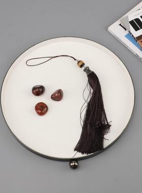 中式金属皮质圆珠编织纹收纳托盘摆件玄关卧室餐厅家居高档装饰品