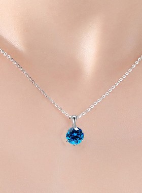 海蓝色925银项链女简约六爪锁骨链吊坠六爪爆闪轻奢精致显白刻字