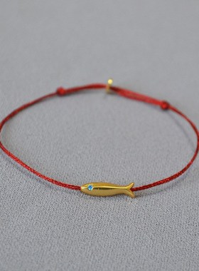 法国小众设计蓝色丝m线编织复古金色锦鲤小鱼简约极细手链手绳叠