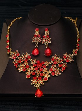 韩国结婚新娘饰品 水钻纯情水晶红色新娘项S链新娘饰品三件套