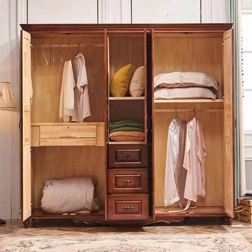 美式全实木大衣柜家用卧室乡村简约复古原木三门四门五门橡木柜子 - 图3