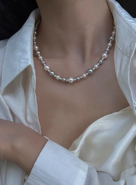 ninina施家珍珠经典拼色不规则混色搭配锁扣项链毛衣链【00190】