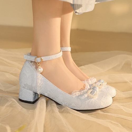 新中式国风女童汉服鞋古装儿童高跟鞋公主走秀女孩配旗袍鞋子白色 - 图1