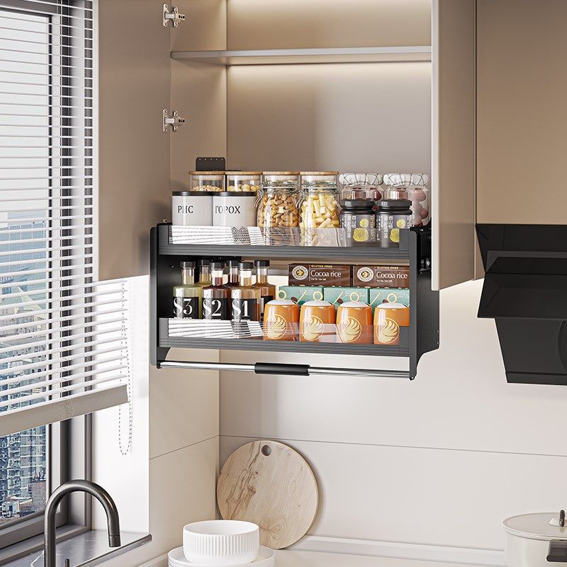 厨房吊柜升降拉篮橱柜下拉式调味拉篮顶柜上下缓冲伸缩调料置物架,淘宝优惠券,粉丝福利购,淘宝优惠卷