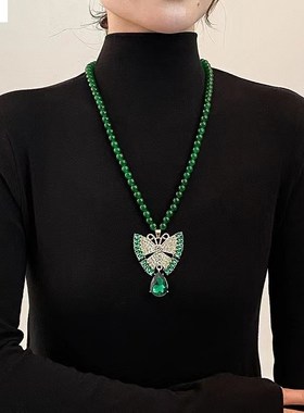 高端绿如意秋冬款毛衣p链祖母绿满钻吊坠项链套装衣服配饰饰品百