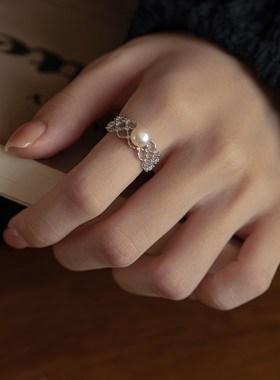 高端珍珠戒指小珠开口戒女洋气馒头珠蕾丝戒N圈轻奢高级感小众设