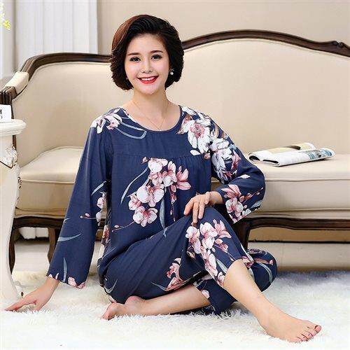 棉绸睡女夏长l袖。妈中老年妈K45125绵绸套装夏季人造衣棉老人家