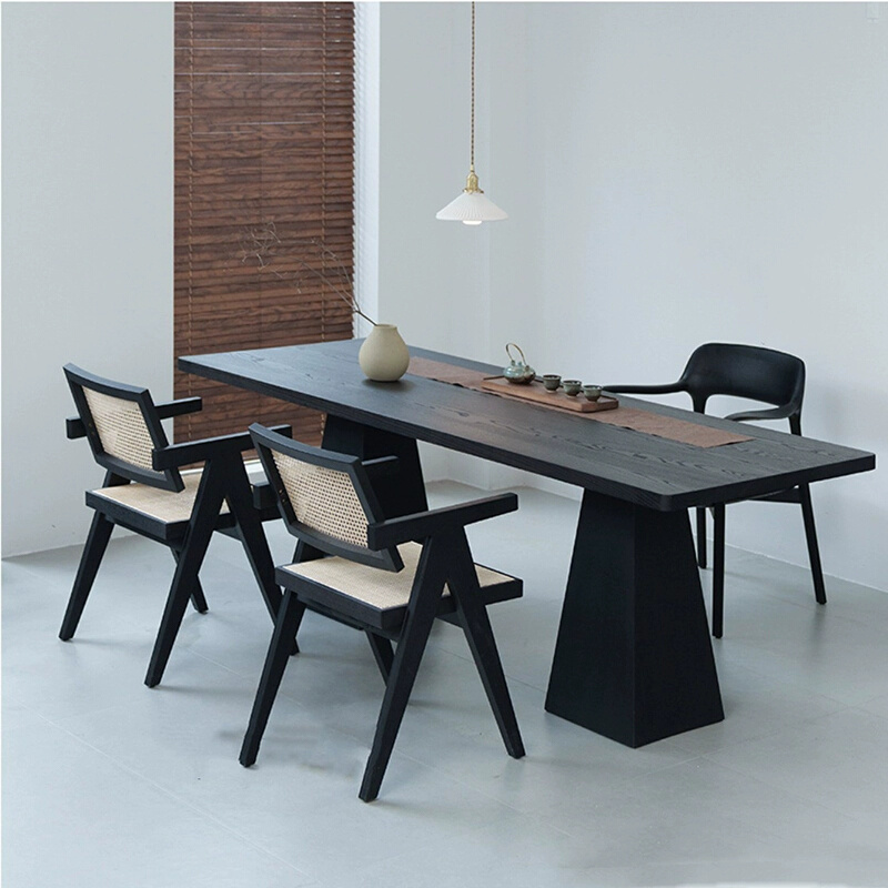黑色实木餐桌设计师创意白蜡木法式家用长饭桌侘寂风大板几何茶桌-图0