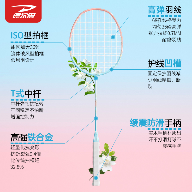 德尔惠羽毛球拍正品旗舰店超轻双拍耐用全碳素超轻成人专业套装备