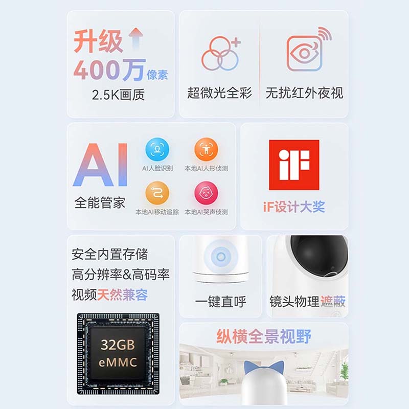 华为智选摄像头HQ5C海雀智能监控器高清全景双向对讲家用无线wifi宠物幼儿室内手机远程看护360度无死角监控 - 图0