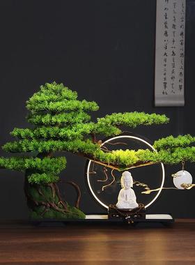 中式客厅盆景仿真迎客松绿植造景摆件办公室室内盆栽玄关桌面装饰