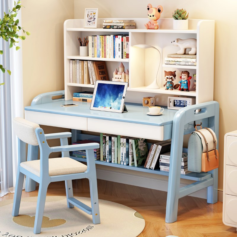Solid wood children's study table, primary and secondary school student desk and bookshelf integrated home desktop computer table bedroom writing table and chair