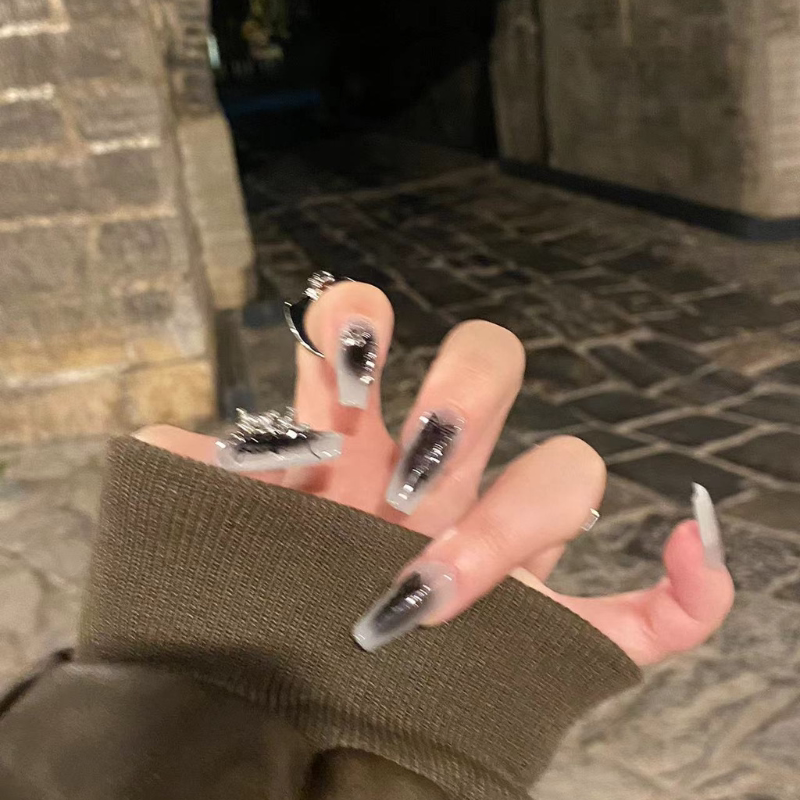 彼岸蝶|毒辣辣暗黑系列手绘黑色蝴蝶手工穿戴甲辣妹晕染蓝美甲-图0