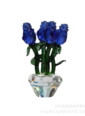 水晶四朵玫瑰花摆件 粉色蓝色送女友生日结婚纪念日情人节礼品