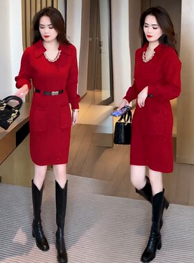 红色针织连衣裙女秋冬季q2025新款中长款时尚洋气减龄内搭长袖裙