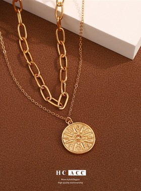 时尚复古风小众高级感叠戴款项链太阳I设计感吊坠铜镀真金女饰品