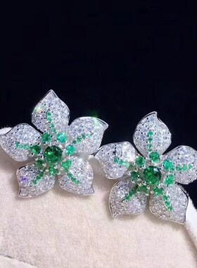 高级珠宝定制花朵耳钉女立体花瓣红色绿色耳钉 微镶满钻夸张耳饰