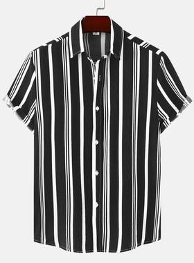 2025夏季新款休闲条纹印花短袖衬衣男士大码美式衬衫Men's Sh