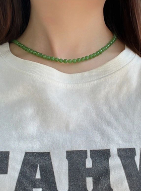 俄罗斯菠菜绿圆珠小米珠和田碧玉且末项链苹果阳绿女款锁骨链精品