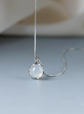 白玉髓圆珠吊坠项链小清新简约高级感锁骨链韩版s925纯银送礼女生