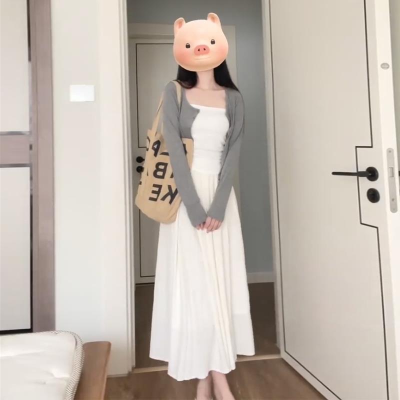 初春穿搭一整套春装女2024新款白色连衣裙韩剧刘亦菲同款三件套装