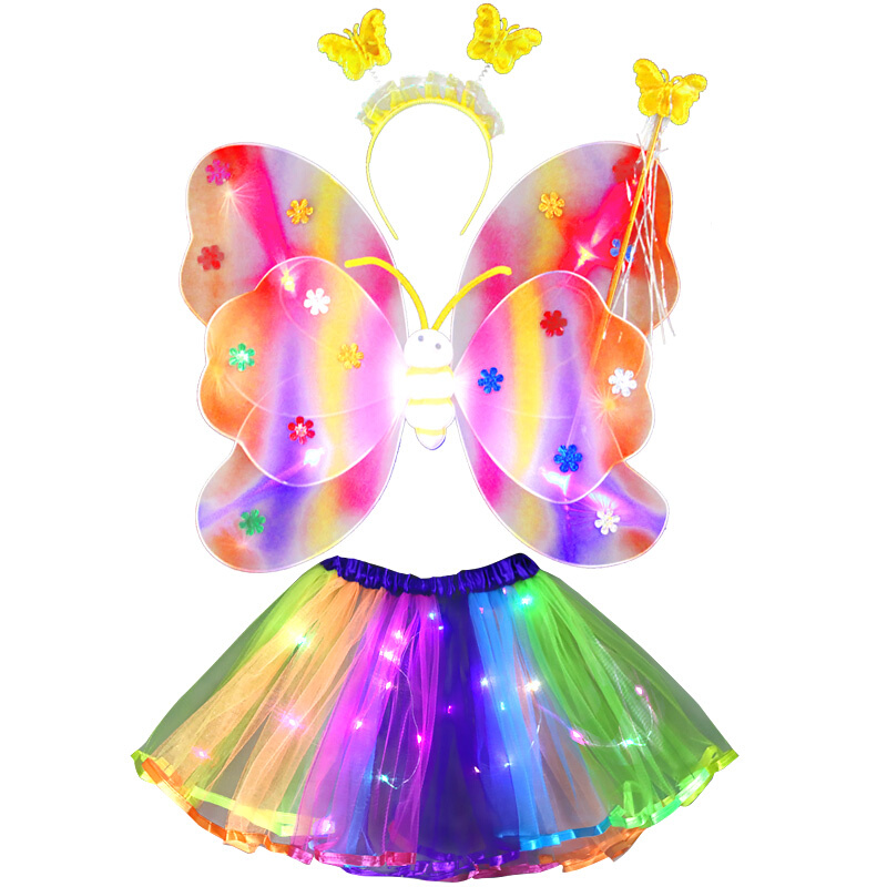 儿童天使发光蝴蝶翅膀背饰玩具小女孩魔法棒表演仙女公主粉色裙子 - 图0