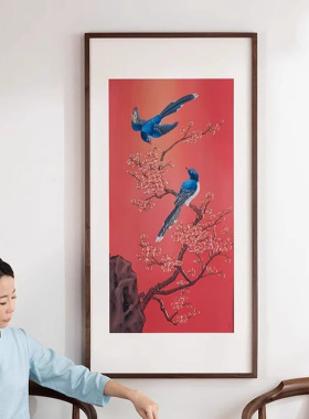 新中式喜气盈门竖版入户玄关装饰挂画国风寓意好走廊过道尽头壁画