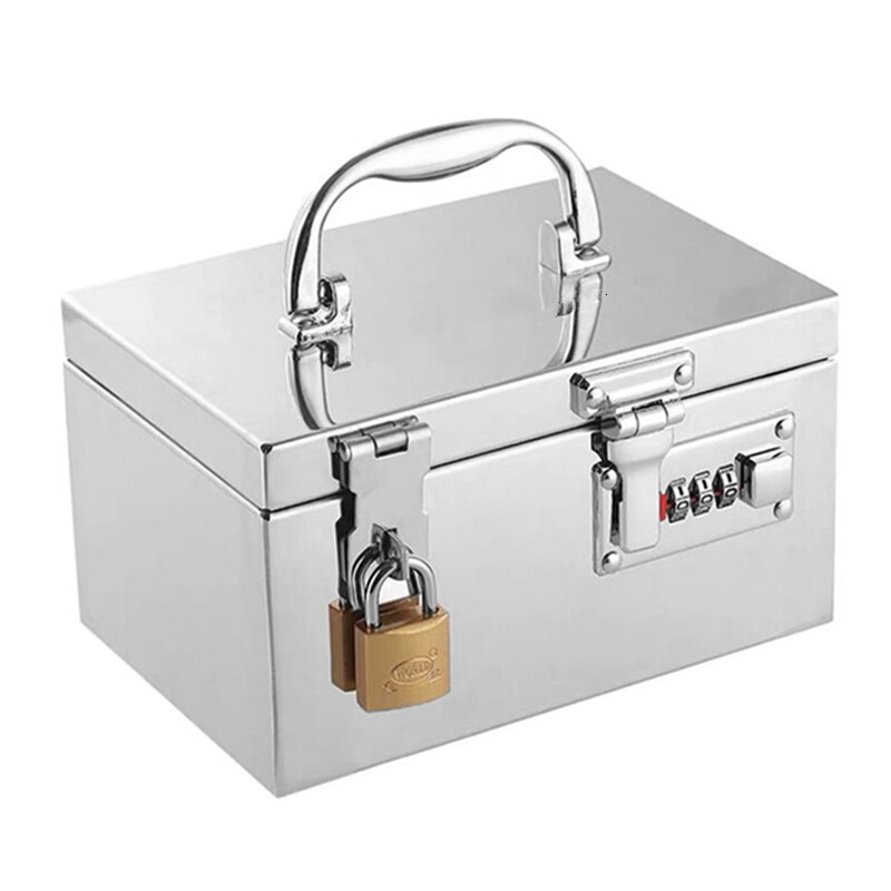 不锈钢收纳盒带锁铁箱子小密码箱票据铁皮盒子储物工具箱家用钱箱-图3