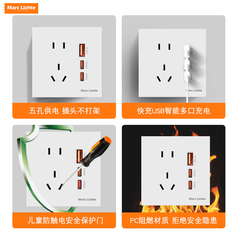 86型五孔电源插座带USB+双TYPEE-C快充20W充电插座面板墙壁家用 - 图1