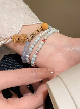 新中式蓝色串珠手链女复古国x风编织叠戴闺蜜手饰竹节小众设计手