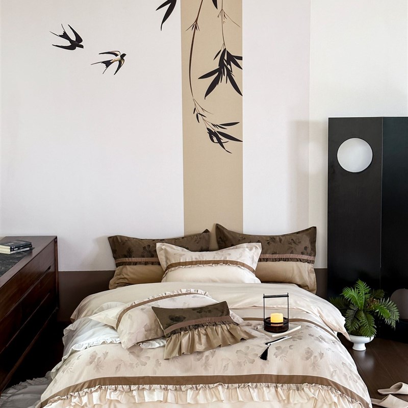 中式复古花边轻奢锦缎提花100支澳棉民宿床上用品被套四件套 - 图1