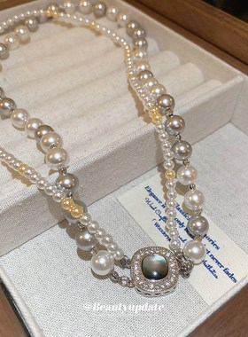 锆石多层几何珍珠项链时尚轻奢气质锁骨链复古通勤百搭颈链女