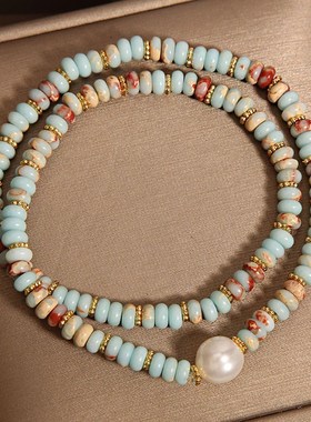 珍珠寿山石彩色串珠手链女轻奢小众复古高级感双圈叠戴手串手饰品