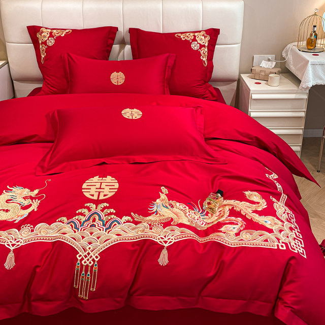 High-end Dragon Style D Embroidery Wedding Four-Piece Set Big Red Bed Sheets quilt cover Pure Cotton Full Cotton Wedding Room Wedding Bed