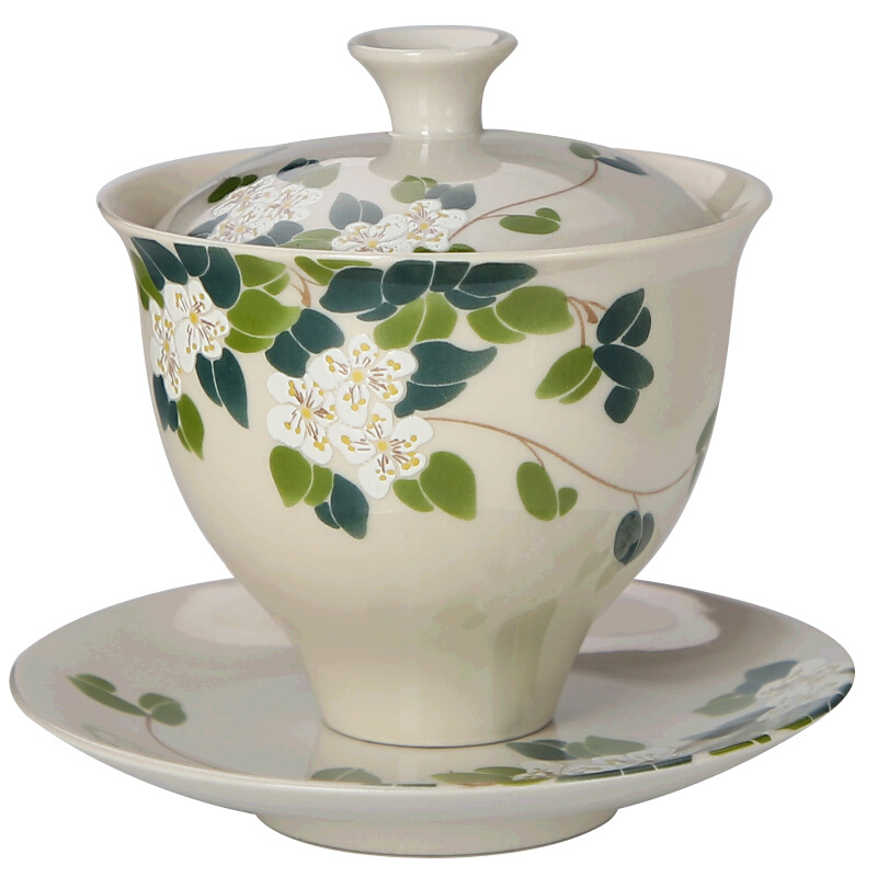 功夫茶具精品扒花草木灰盖碗茶杯陶瓷单个高足三才泡茶碗带盖茶盏 - 图0