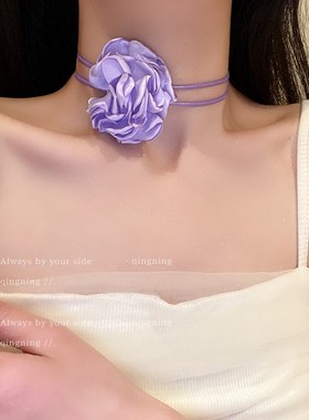 红色玫瑰花朵choker颈s链2024年新款丝带项链锁骨链脖子系花颈带