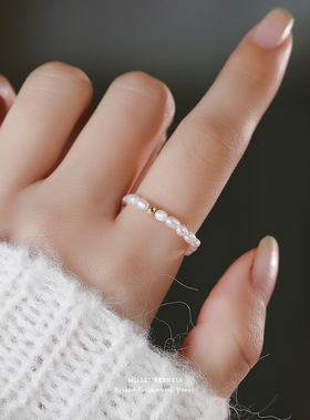 罕见极细2mm天然淡水小珍珠戒指女小众设计素圈指环法式复古尾戒