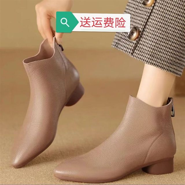 New 2024 small heel high heels autumn and winter genuine leather small short boots pointed M head stiletto heel nude boots women's ankle boots