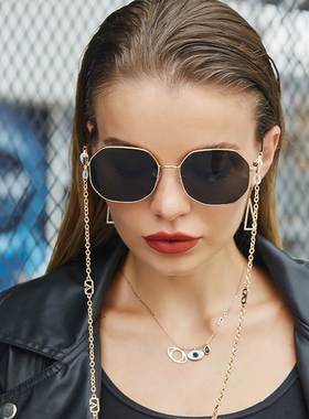 抖音链条墨镜女欧美新款ins网红防掉链凹造型太阳眼镜sunglasses